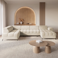 Canapé panoramique convertible matelassé avec coffre en velours beige - Angle droit