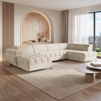 Canapé panoramique convertible matelassé avec coffre en velours beige - Angle gauche