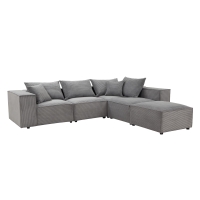 Canapé d'angle modulable avec 1 pouf en velours côtelé épais gris