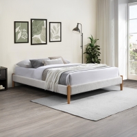 Lit double tissu bouclette blanc pieds en bois 140x190 cm