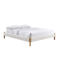 Lit double tissu bouclette blanc pieds en bois 160x200 cm