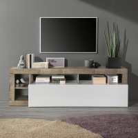 Meuble TV 1 porte 4 niches bois et blanc