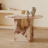 Table à manger ronde en marbre d'ingénierie beige et marron