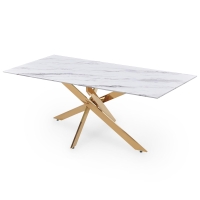 Table à manger rectangulaire design verre marbré et pieds dorés