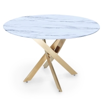 Table à manger ronde design verre marbré et pieds dorés