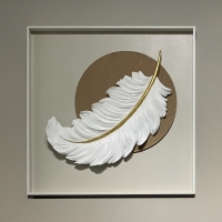 Tableau peinture à l'huile beige plume en relief cadre en aluminium - 50x50 cm