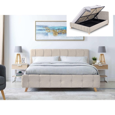 Lit coffre scandinave en tissu beige avec le sommier relevable 160 x 200 cm