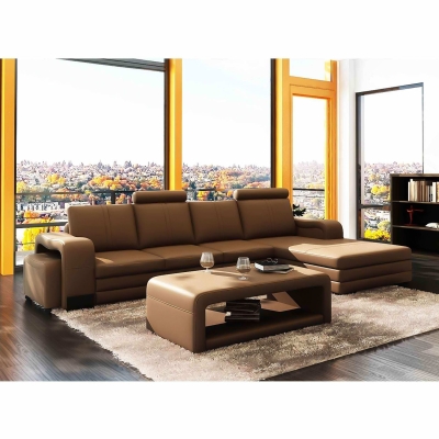 Canapé d'angle droit méridienne marron camel en cuir CUBANA