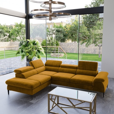 Canapé d'angle convertible avec coffre de rangement en velours jaune moutarde DAYAN - Angle gauche