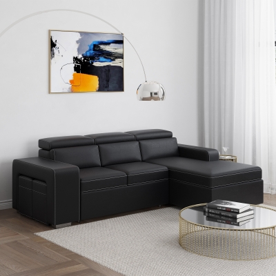 Canapé d'angle convertible en simili cuir noir- Angle droit