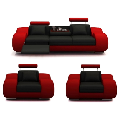 Ensemble canapé relax 3+1+1 en cuir noir et rouge