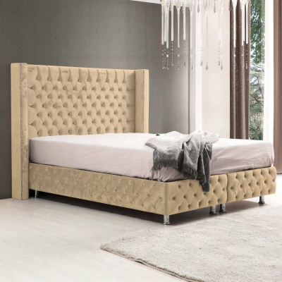 Lit coffre en tissu velours beige 140x190 cm ELSA