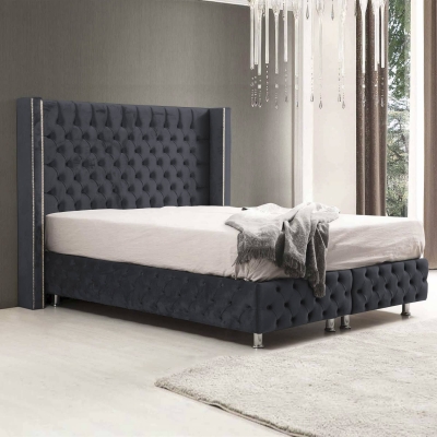 Lit coffre en tissu velours gris anthracite 140x190 cm