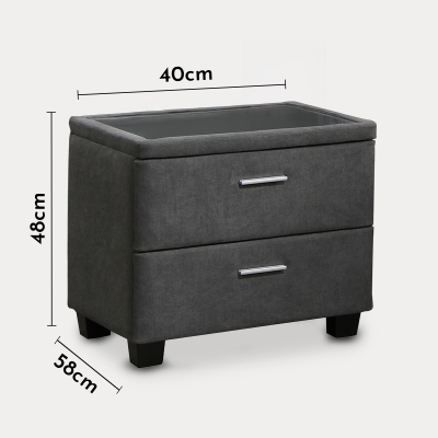 Table de chevet 2 tiroirs en tissu anthracite plateau en verre trempé