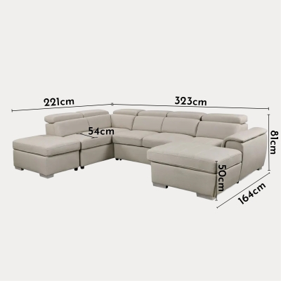 Canapé panoramique convertible avec coffre de rangement en tissu beige- Angle Droit