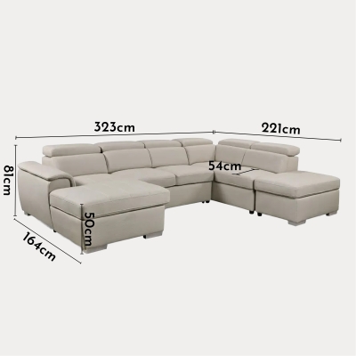 Canapé panoramique convertible avec coffre de rangement en tissu beige- Angle Gauche