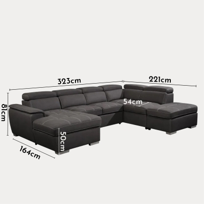 Canapé panoramique convertible avec coffre de rangement en tissu gris- Angle Gauche