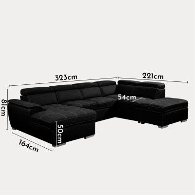 Canapé panoramique convertible avec coffre de rangement en tissu noir- Angle Gauche