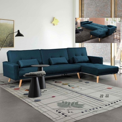Canapé d'angle en tissu bleu canard convertible modulable Angle Droit
