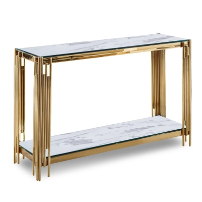 Console design en verre blanc effet marbre et métal doré