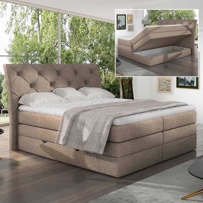 Lit boxspring 160x200 avec coffre de rangement en tissu beige MATEO