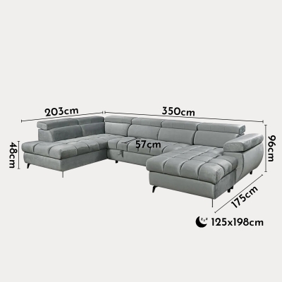 Canapé panoramique convertible matelassé avec coffre en velours gris - Angle droit