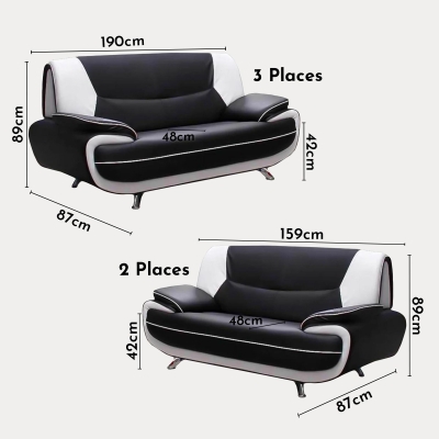 Ensemble canapé design en simili cuir noir et blanc