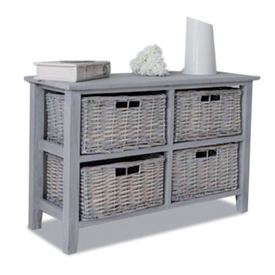 Meuble de rangement commode en bois gris avec 4 paniers en osier