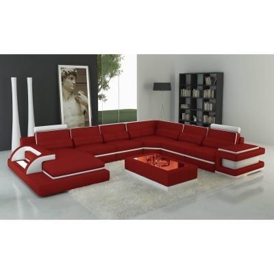 Canapé d'angle panoramique design en cuir rouge et blanc avec lumière intégrée