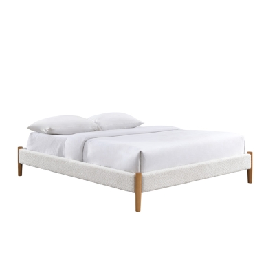 Lit double tissu bouclette blanc pieds en bois 160x200 cm