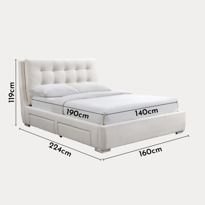 Lit double en tissu blanc écru avec 2 tiroirs 140x190 cm