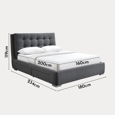 Lit double en tissu gris foncé avec 2 tiroirs 160x200 cm