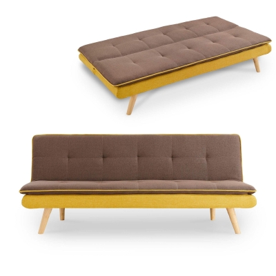 Banquette clic clac scandinave convertible en tissu marron et jaune