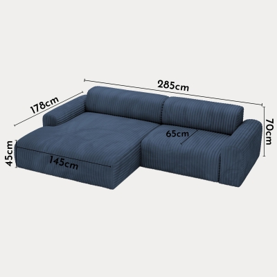 Canapé d'angle en velours gros côtelé bleu - Angle gauche