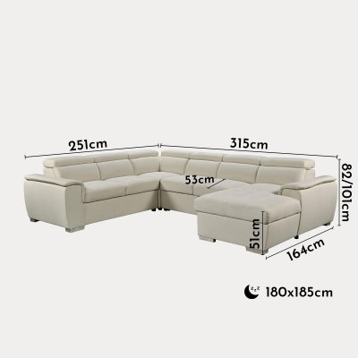 Canapé panoramique convertible en tissu beige avec coffre de rangement - Angle droit