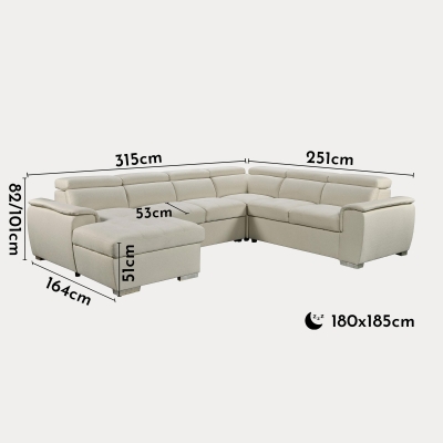 Canapé panoramique convertible en tissu beige avec coffre de rangement - Angle gauche