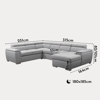 Canapé panoramique convertible en tissu gris clair avec coffre de rangement - Angle droit