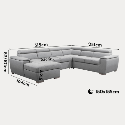 Canapé panoramique convertible en tissu gris clair avec coffre de rangement - Angle gauche