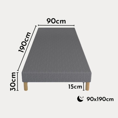 Sommier tapissier 90*190 tissu gris piètement en bois
