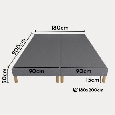Sommier tapissier tissu gris piètement en bois 2x 90x200 cm