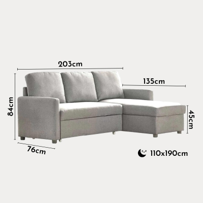 Canapé convertible avec coffre de rangement angle réversible en tissu gris