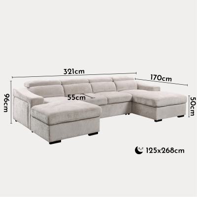 Canapé panoramique convertible avec 2 coffres en velours chiné beige