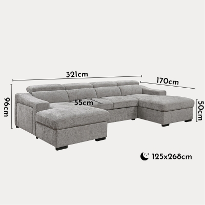 Canapé panoramique convertible avec 2 coffres en velours chiné gris