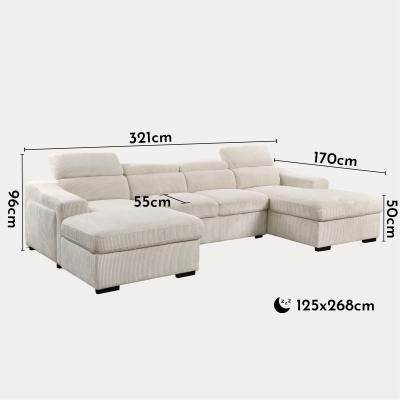 Canapé panoramique convertible avec 2 coffres en velours côtelé épais beige
