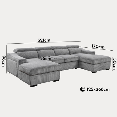 Canapé panoramique convertible avec 2 coffres en velours côtelé épais gris