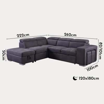 Canapé d'angle convertible avec rangement en tissu gris - Angle Gauche