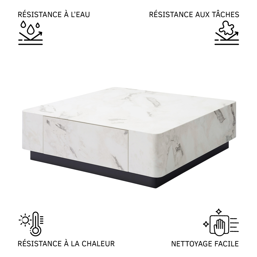 Table basse carrée 2 tiroirs en marbre d'ingénierie blanc et noir