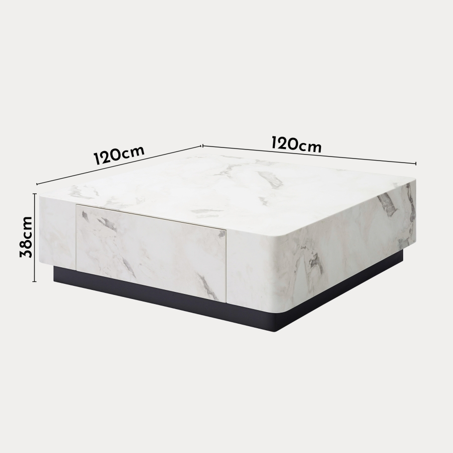 Table basse carrée XL 2 tiroirs en marbre d'ingénierie blanc et noir
